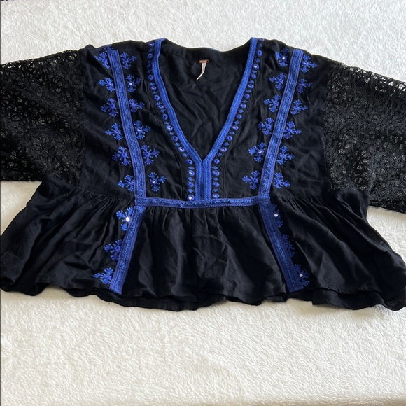 Free People Boogie All Night Embroidered Black and Blue Women's Top Lace Sleeves - Picture 7 of 13